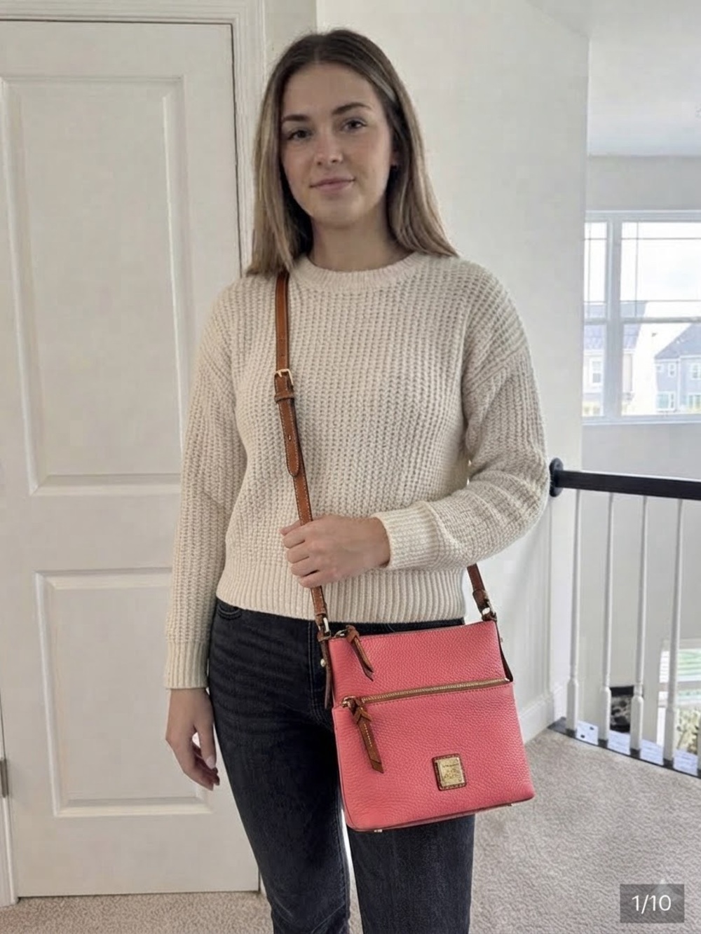 Dooney & Bourke Rose Pink Pebbled Leather Letter Carrier Crossbody Bag